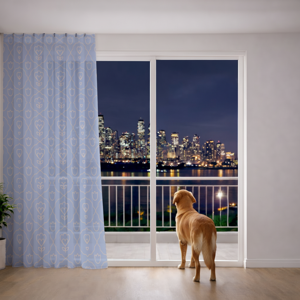 Orange Linear Floral Pattern on Blue Sheer Curtain