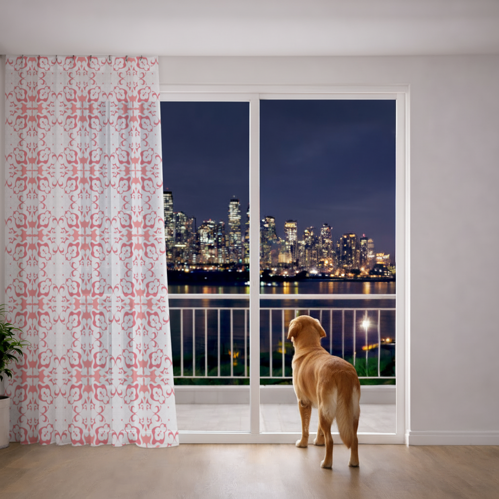 Red and White Traditional Tile Style Pattern Sheer Curtain
