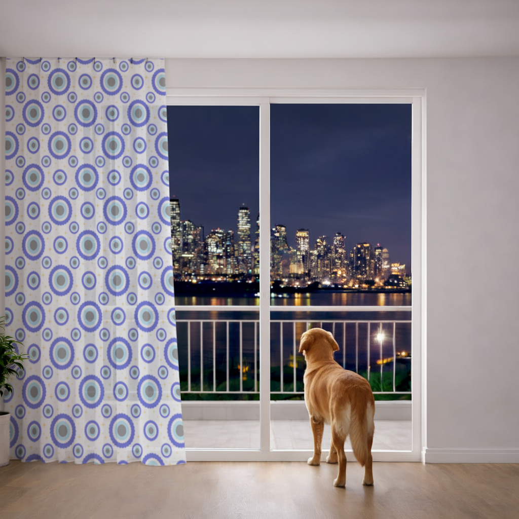 Blue Evil Eye Pattern with Stars Sheer Curtain