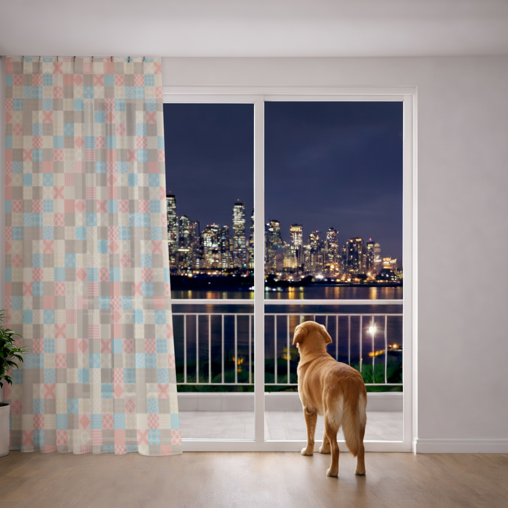 Colorful Modern Geometric Square Pattern Sheer Curtain