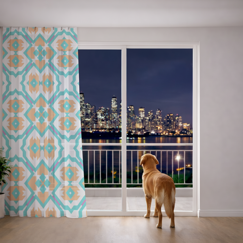 Orange and Turquoise Geometric Pattern Sheer Curtain