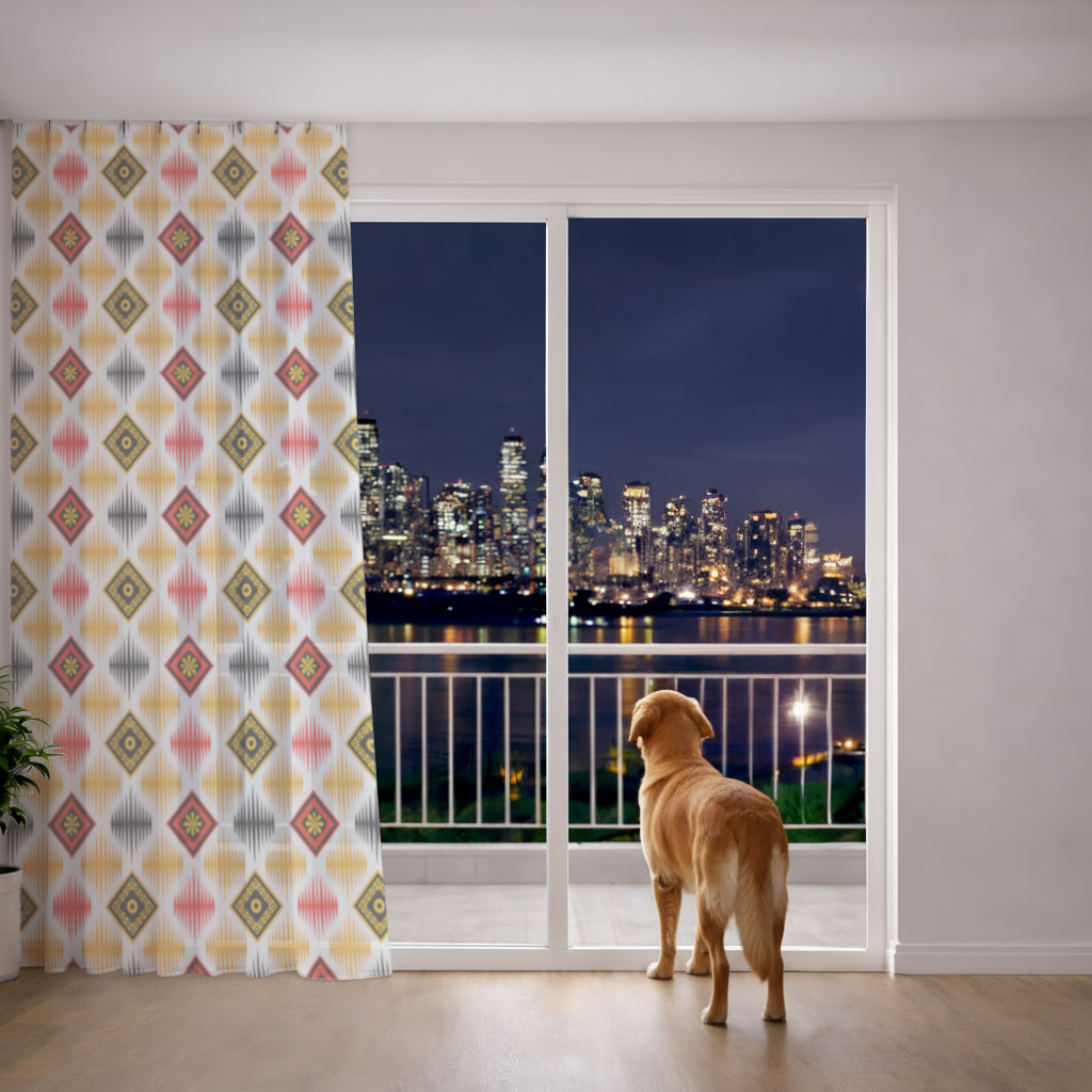 Canlı Etnik Geometrik Motif Tül Perde