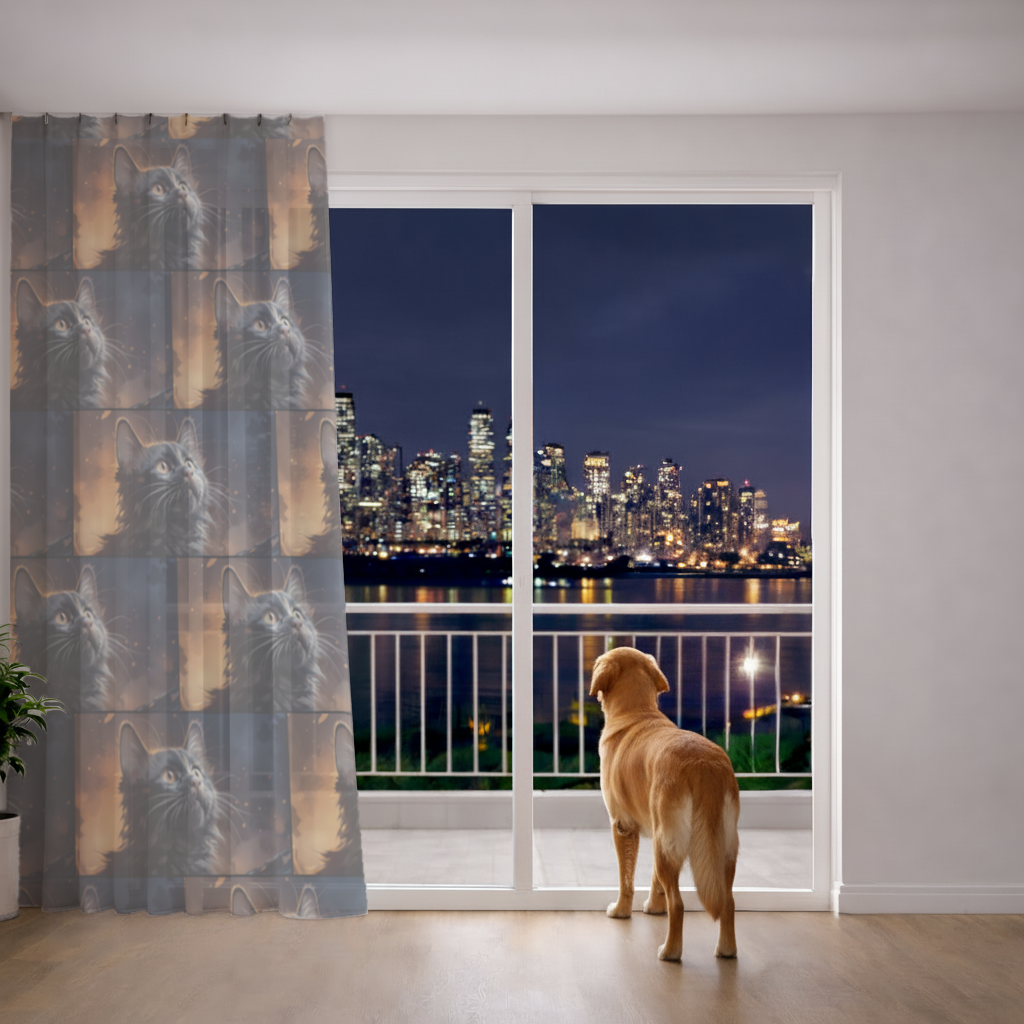 Siyah Kedi Dijital Sanat Tül Perde