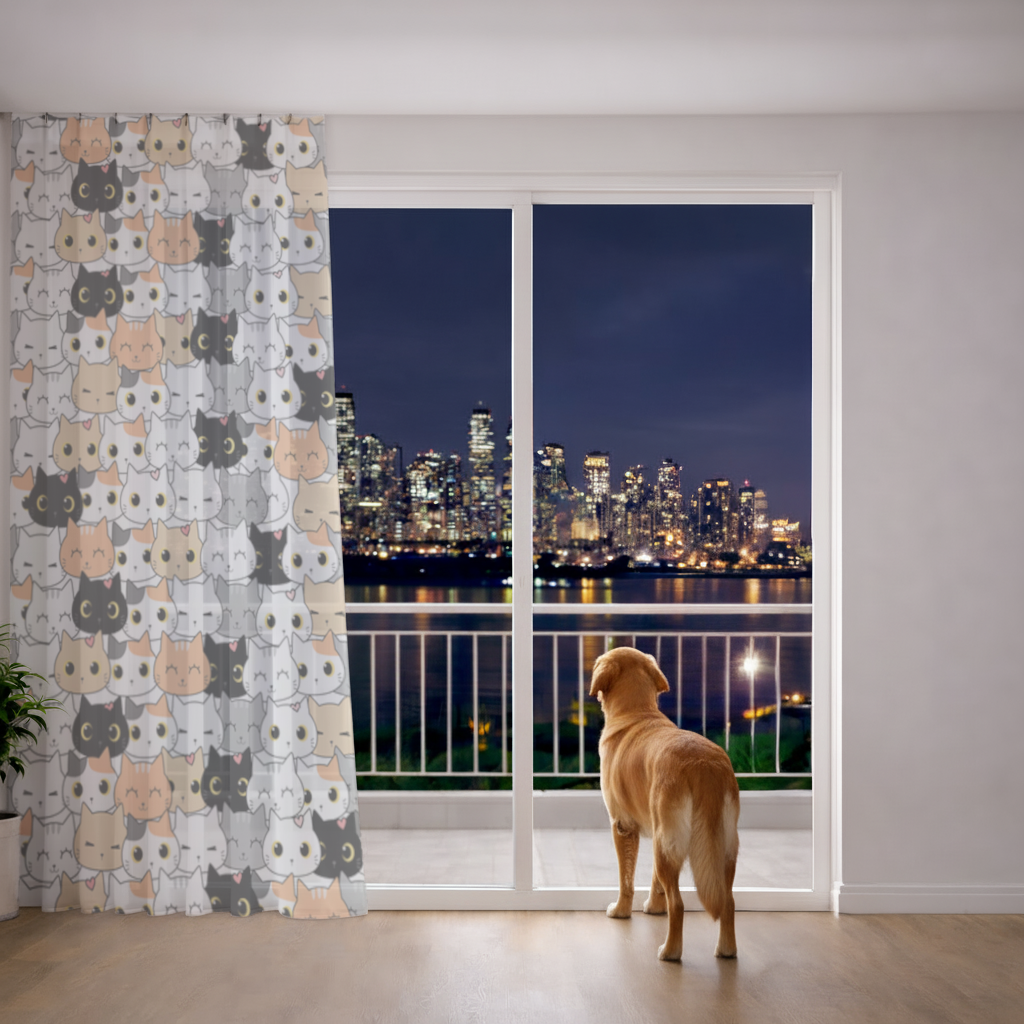 Colorful Cute Cat Faces Seamless Pattern Sheer Curtain