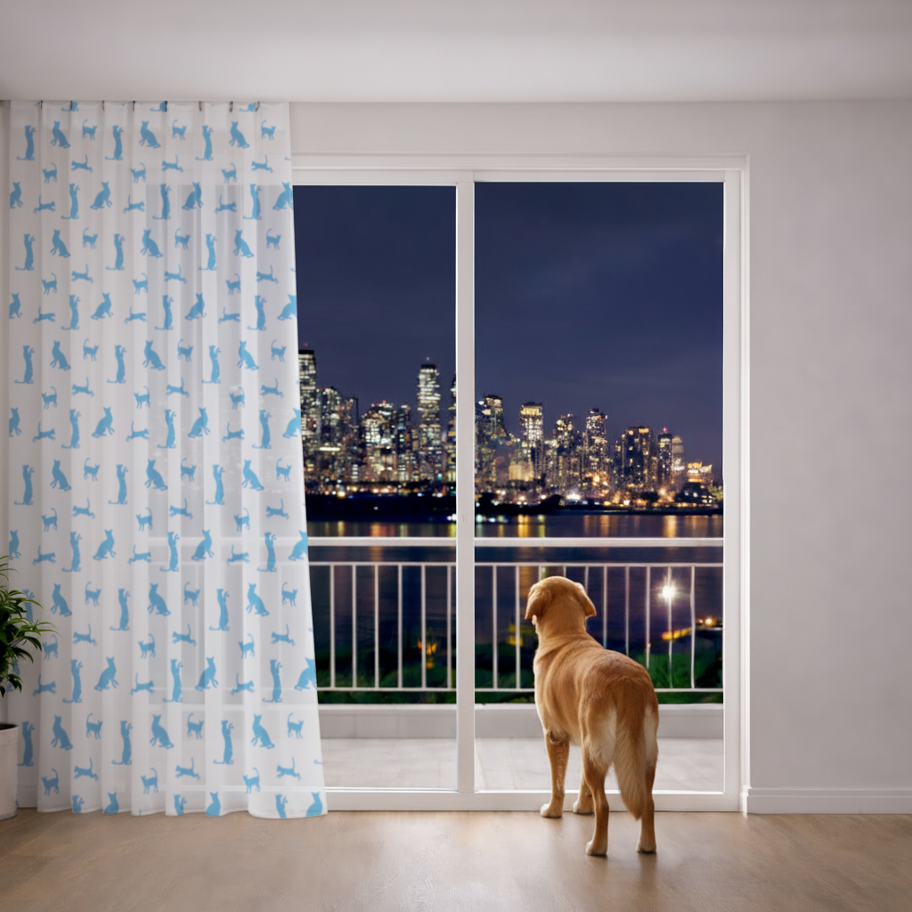 Blue Cat Silhouettes Seamless Pattern Sheer Curtain