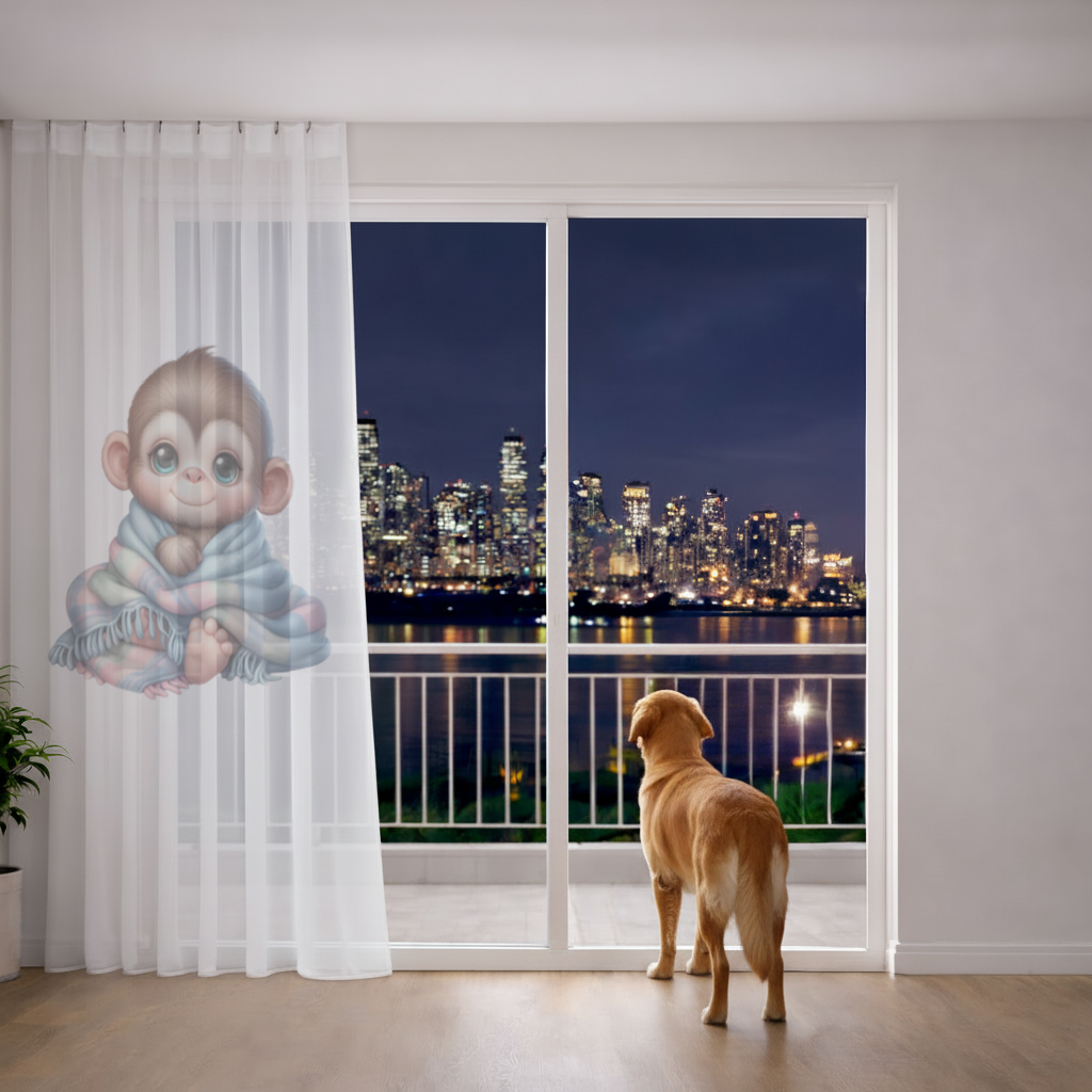 Cute Baby Monkey Wrapped in Blanket Sheer Curtain