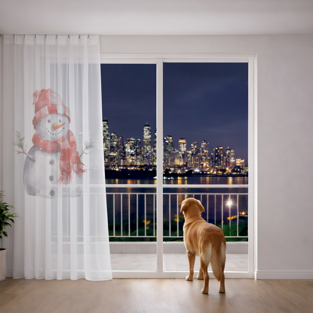 Cozy Red Scarf Snowman Sheer Curtain