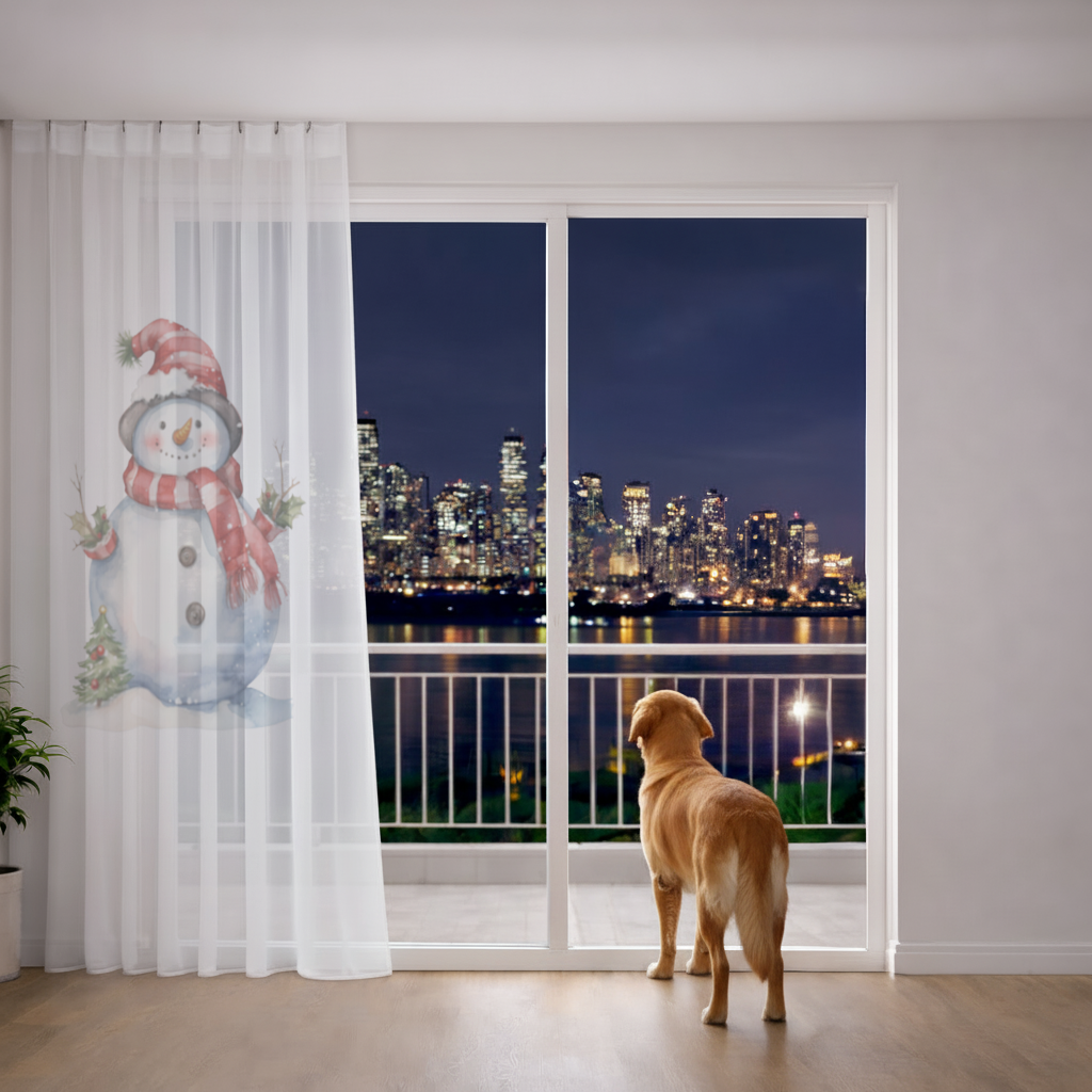 Whimsical Red Snowman Sheer Curtain