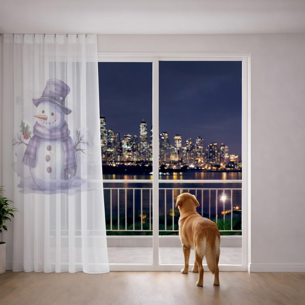 Whimsical Purple Snowman Sheer Curtain