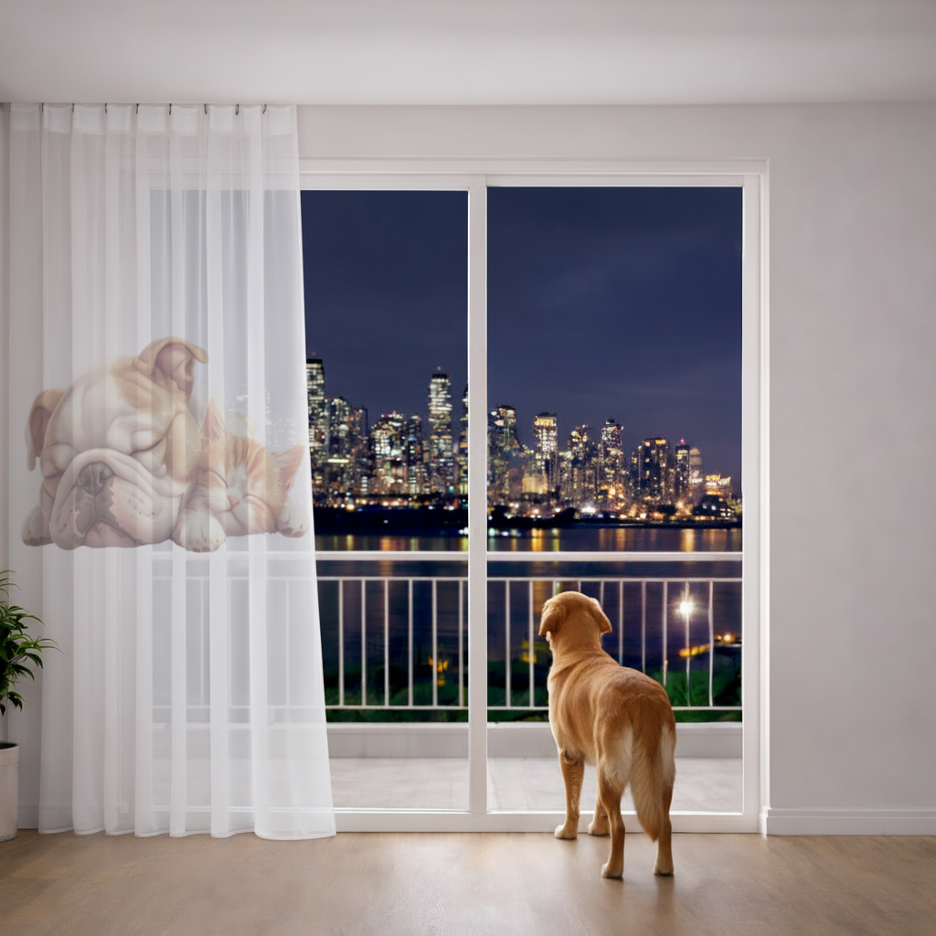 Sleeping Bulldog and Ginger Kitten Sheer Curtain