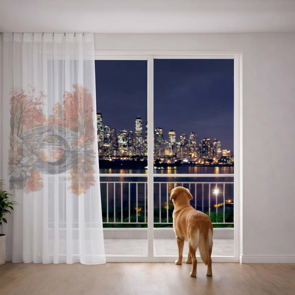 Autumn Stone Arch Bridge Over River Sheer Curtain