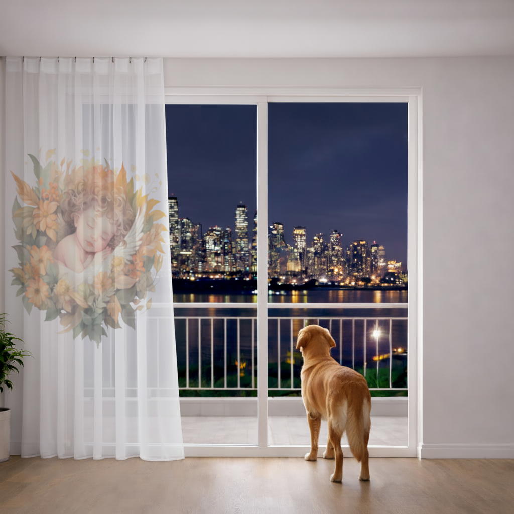 Sleeping Cherub in Cottagecore Flowers Sheer Curtain