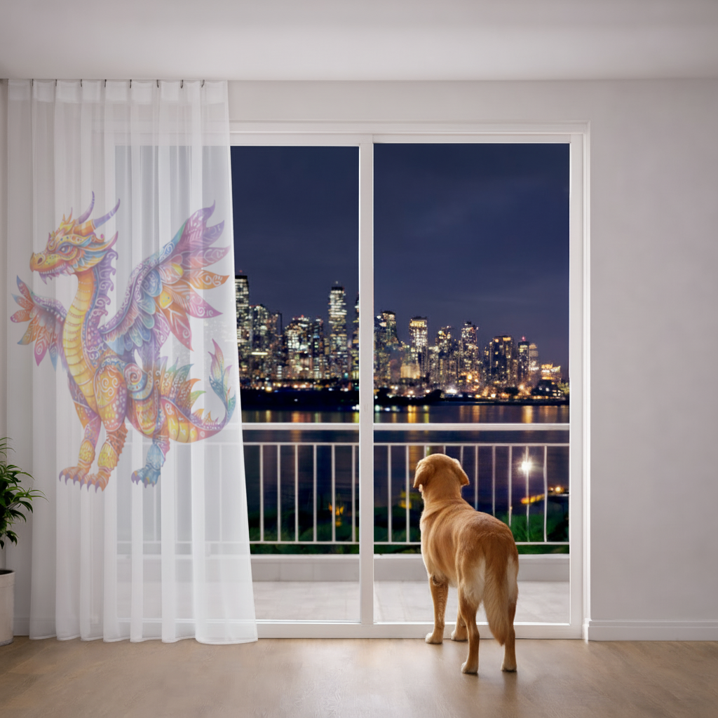Vibrant Rainbow Mythical Dragon Sheer Curtain