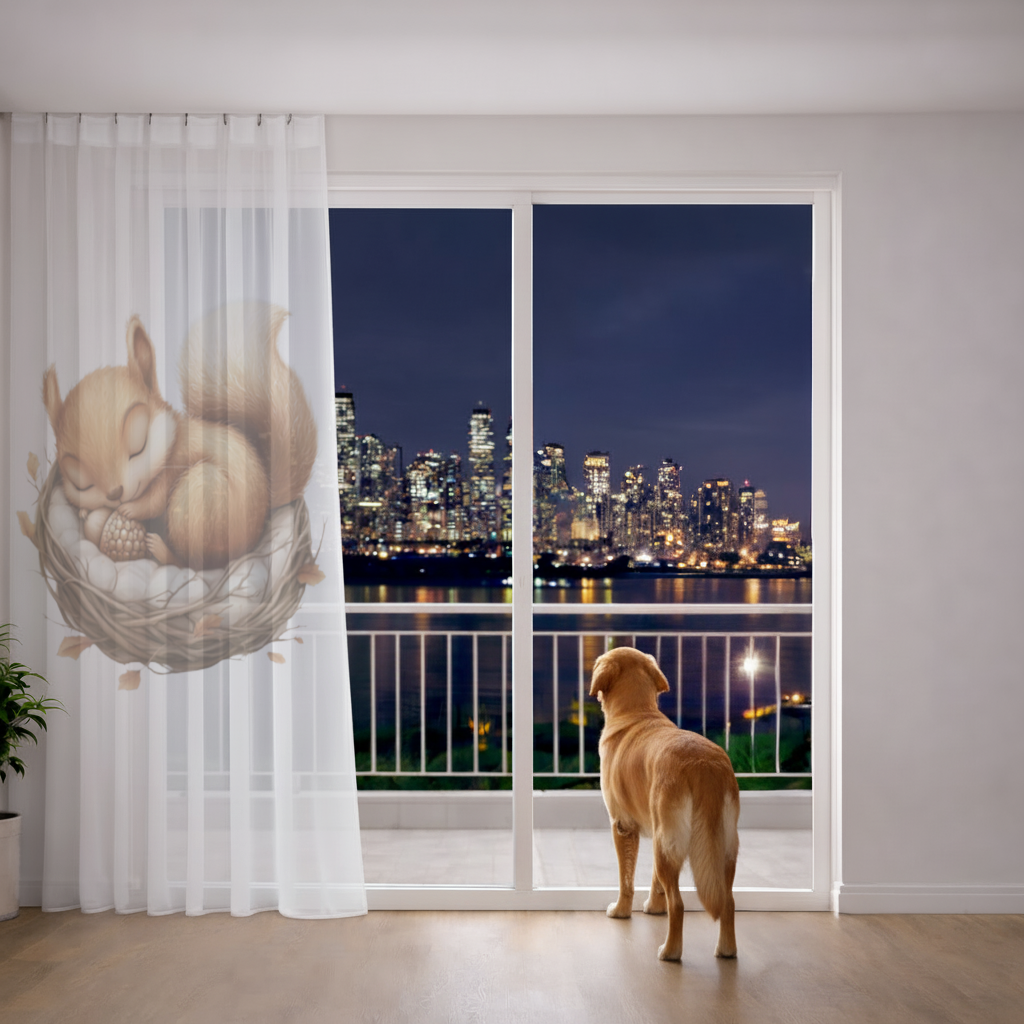Sleeping Baby Squirrel in Nest Sheer Curtain