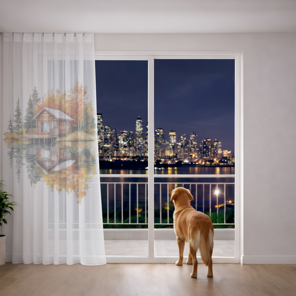 Lakeside Log Cabin Autumn Landscape Sheer Curtain