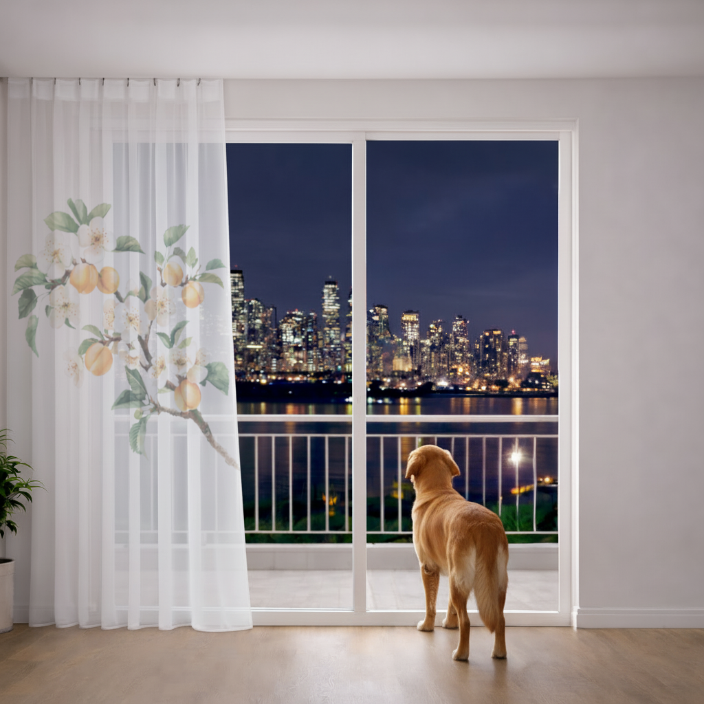 Watercolor Apricot Blossom Branch Sheer Curtain