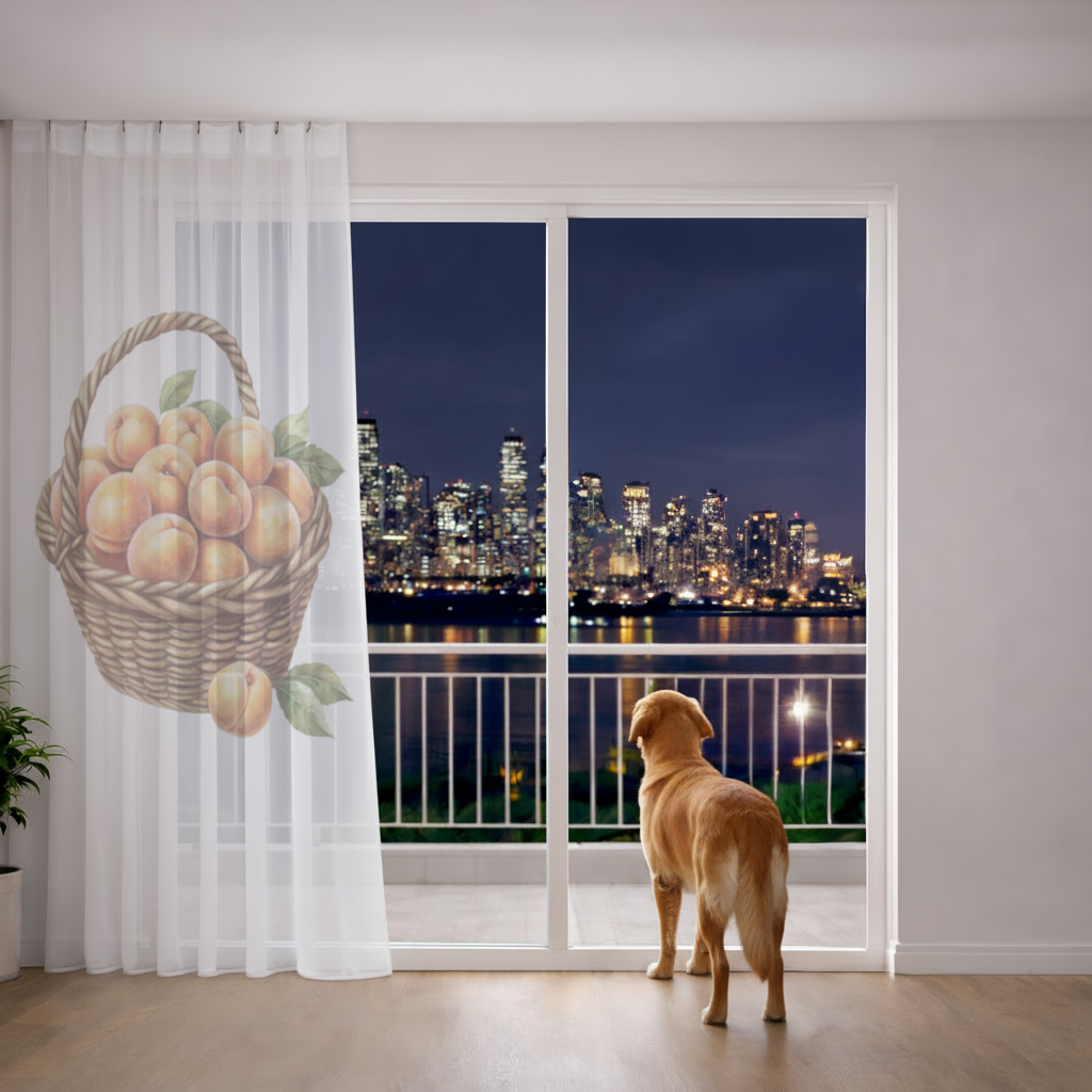 Fresh Peaches in Wicker Basket Sheer Curtain