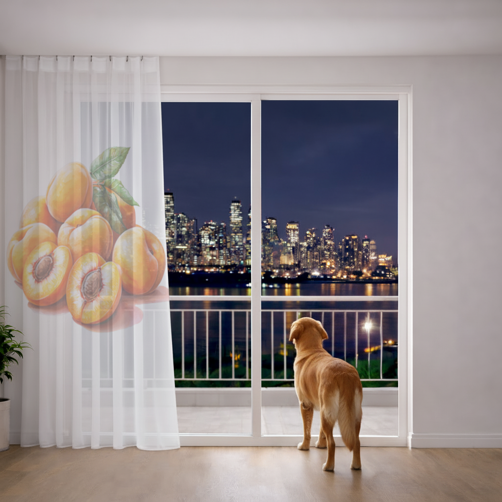 Watercolor Apricot and Leaves Sheer Curtain