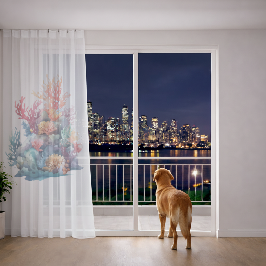 Vibrant Watercolor Coral Reef Scene Sheer Curtain