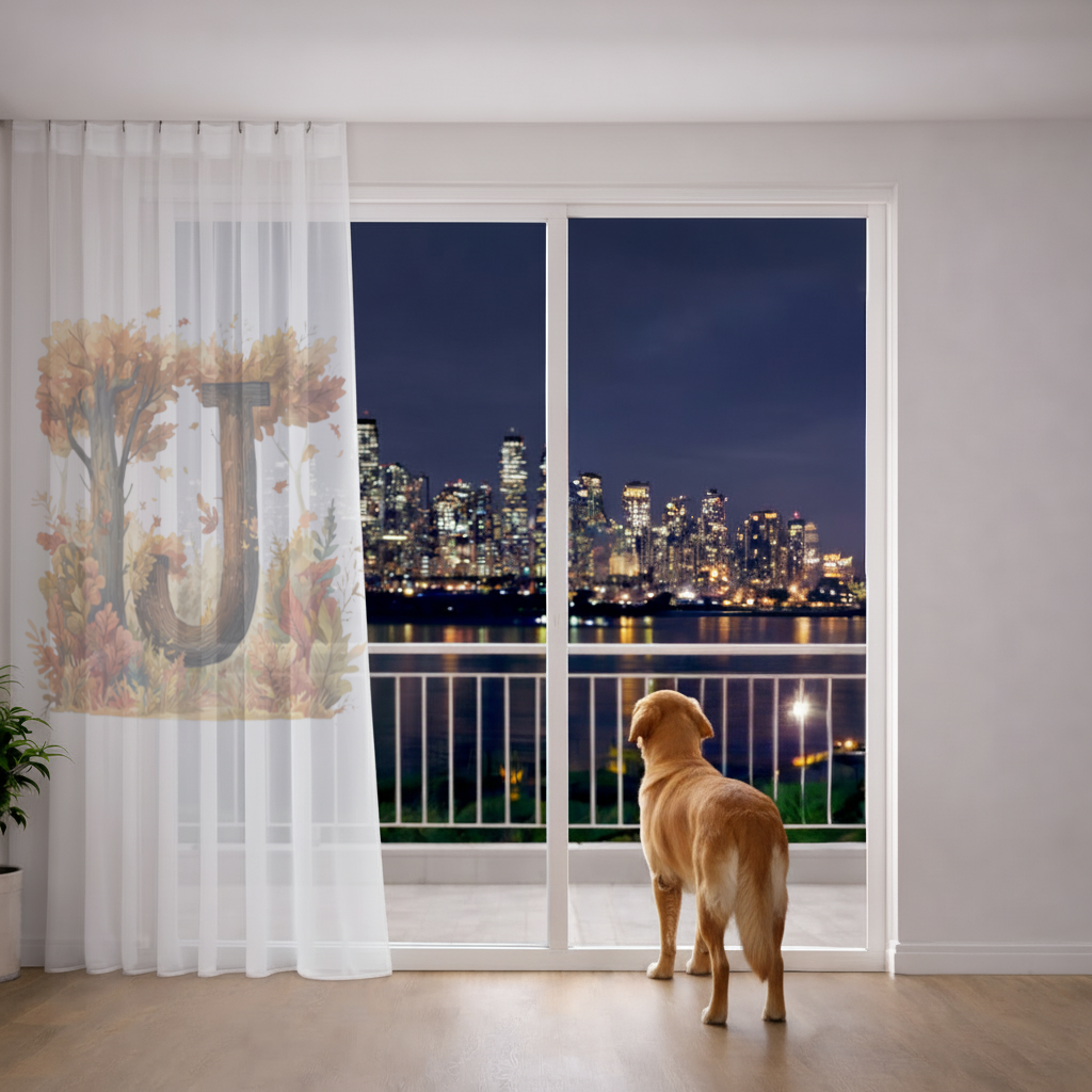 Fall Leaves Wooden Letter J Sheer Curtain