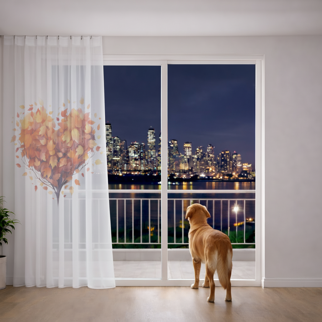 Sonbahar Yapraklı Kalp Tül Perde