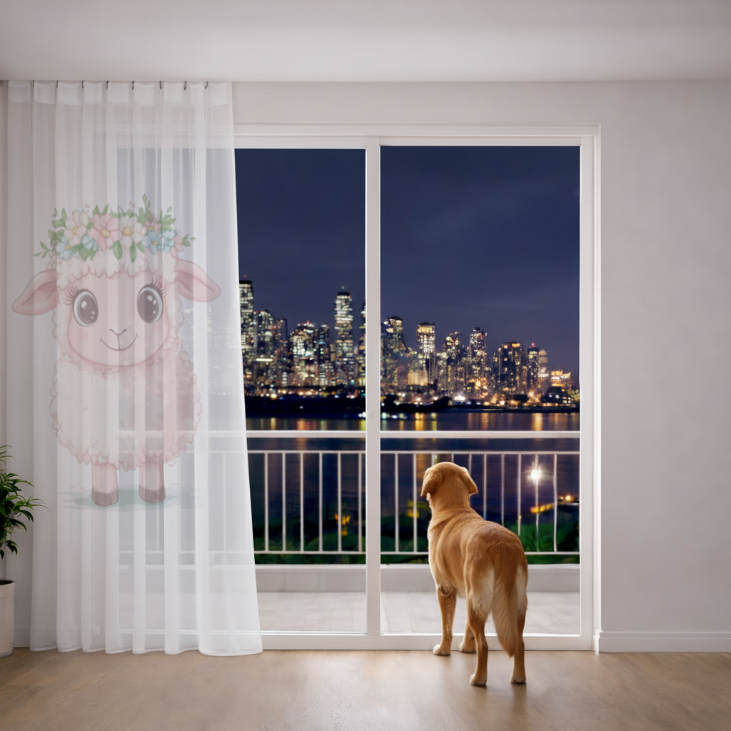 Kawaii Çiçek Taçlı Pembe Kuzu Tül Perde