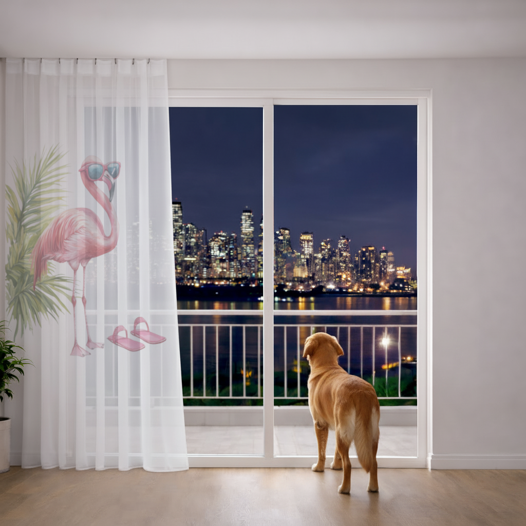 Güneş Gözlüklü Pembe Flamingo Tül Perde