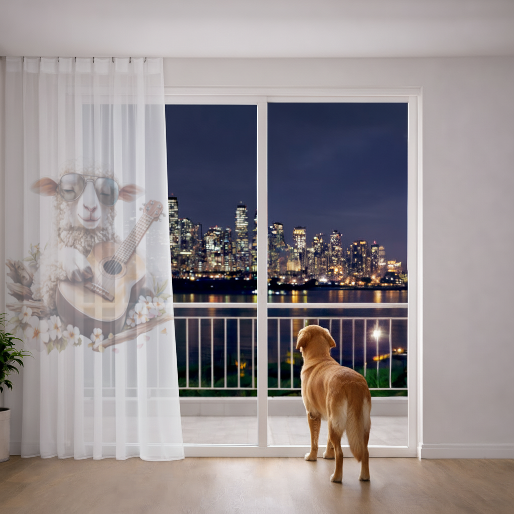 Cool Sheep Playing Ukulele with Flowers Sheer Curtain