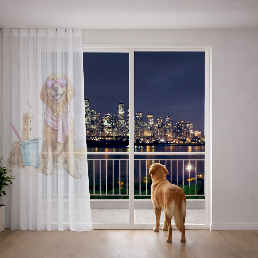 Beach Golden Retriever Pink Sunglasses Sheer Curtain