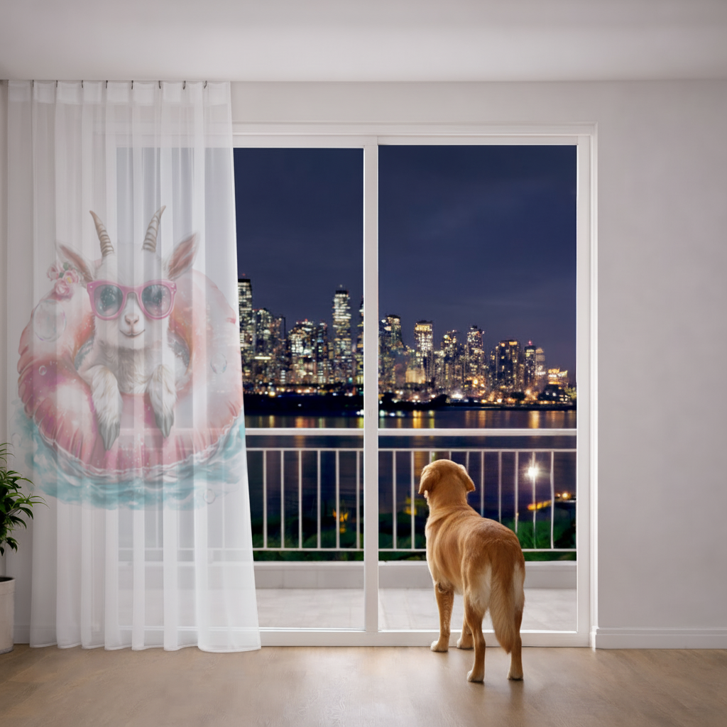 Baby Goat in Pink Pool Ring Sheer Curtain