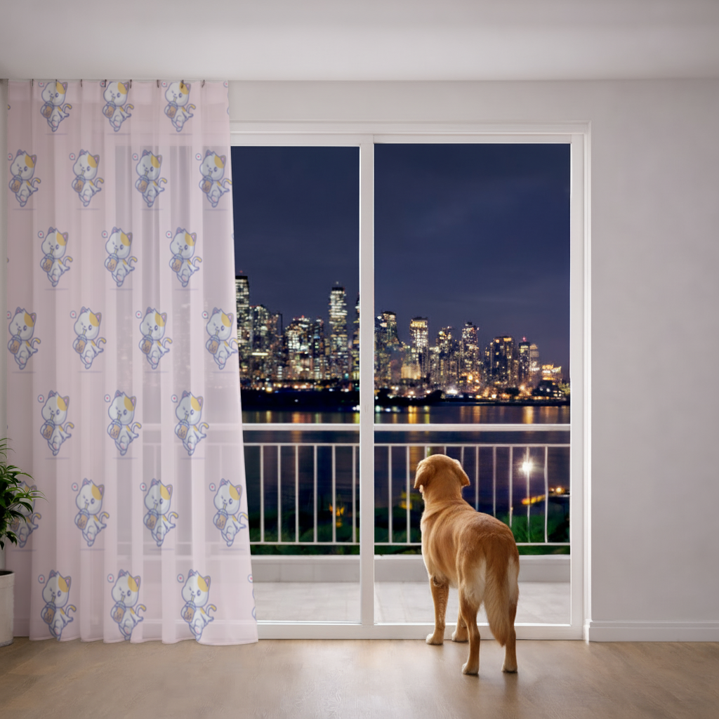 Boba Çayı İçen Kawaii Kedi Tül Perde