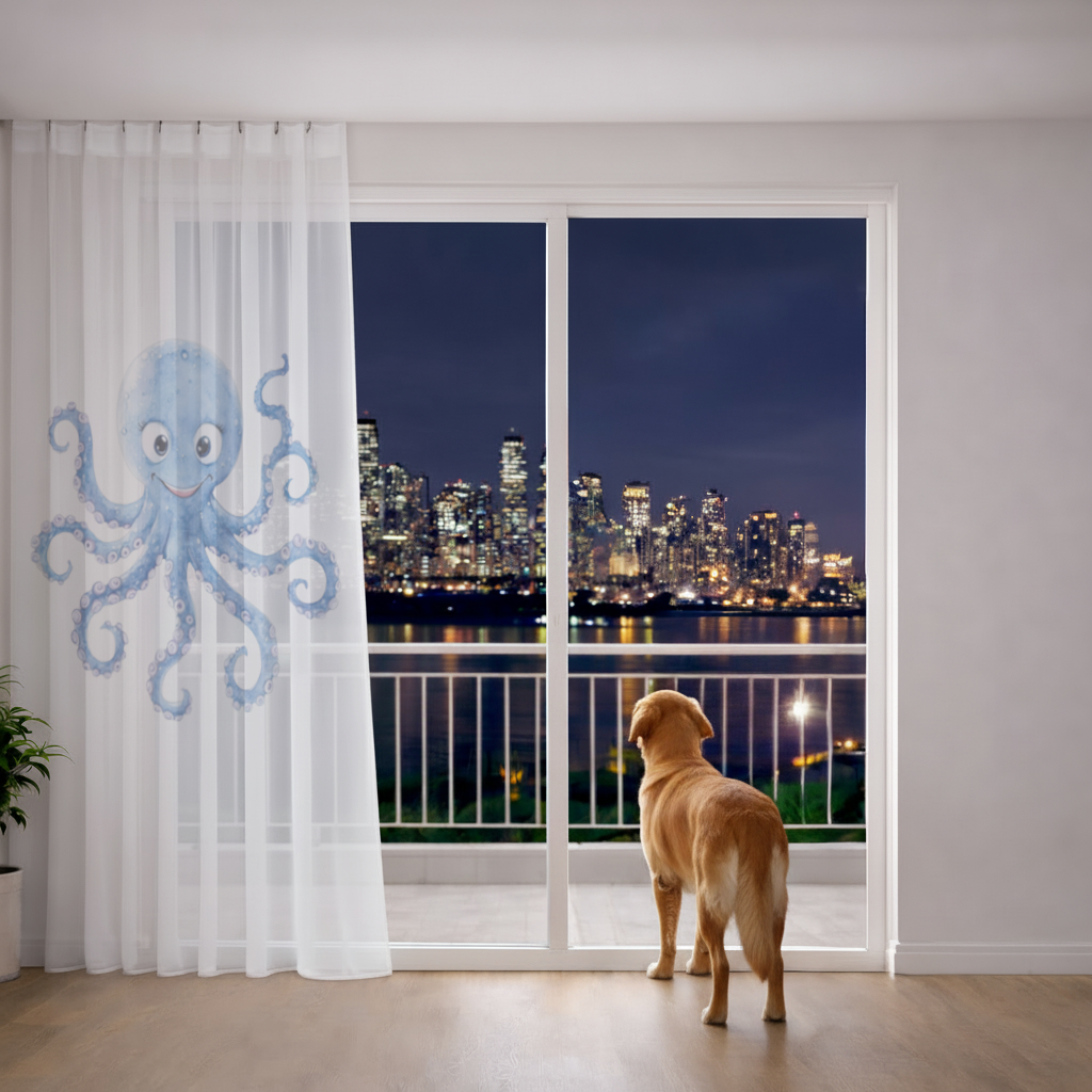 Sevimli Mavi Suluboya Ahtapot Tül Perde