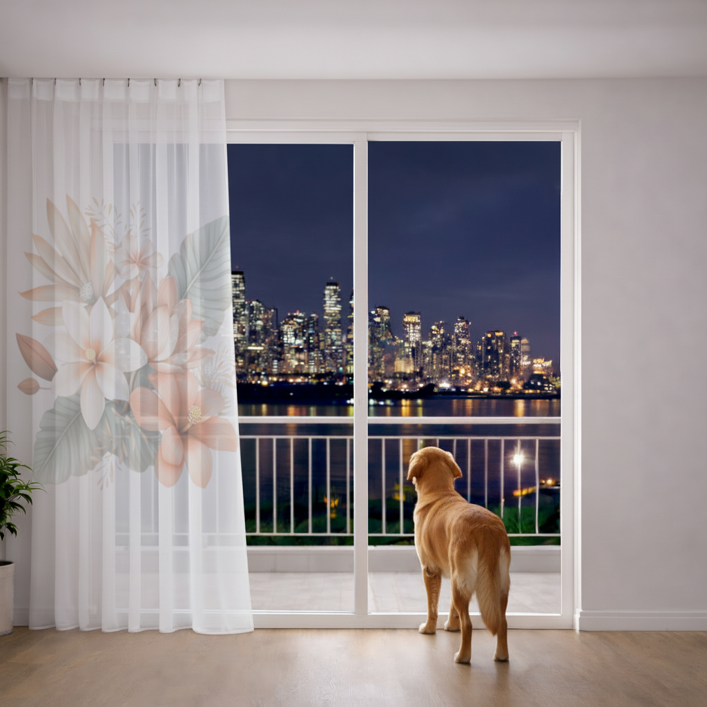 Soft Peach Tropical Floral Bouquet Sheer Curtain