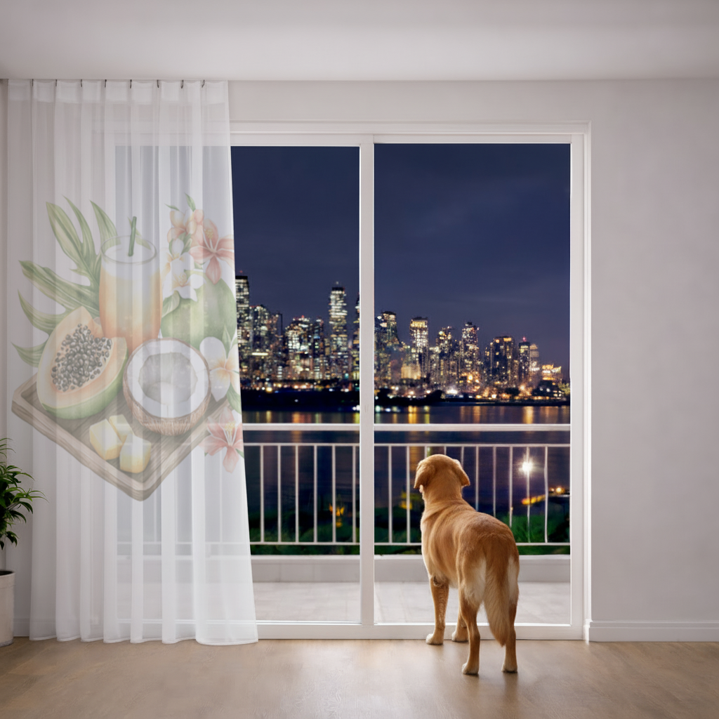 Tropikal Papaya ve Hindistan Cevizi Tül Perde