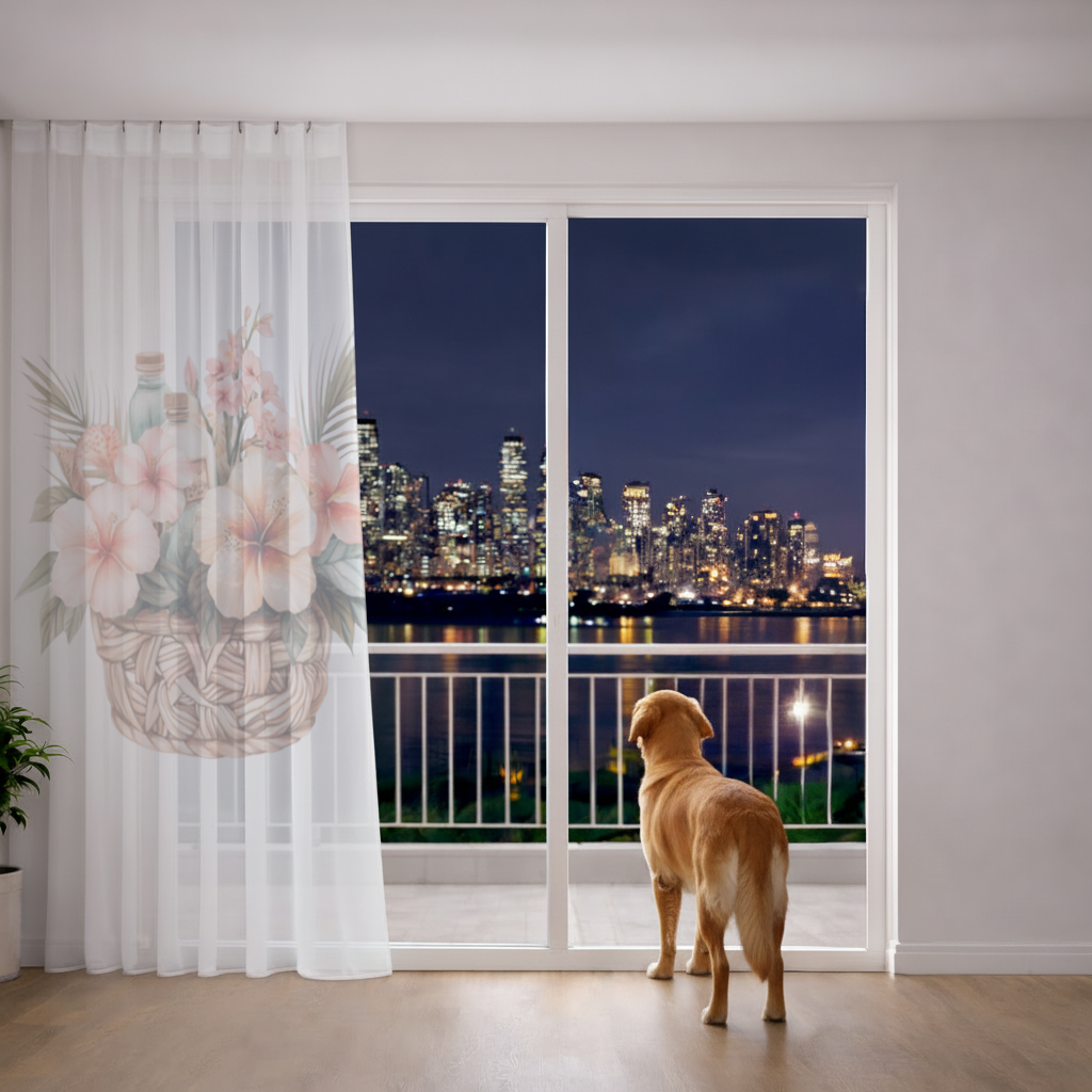 Tropical Hibiscus Flower Woven Basket Sheer Curtain