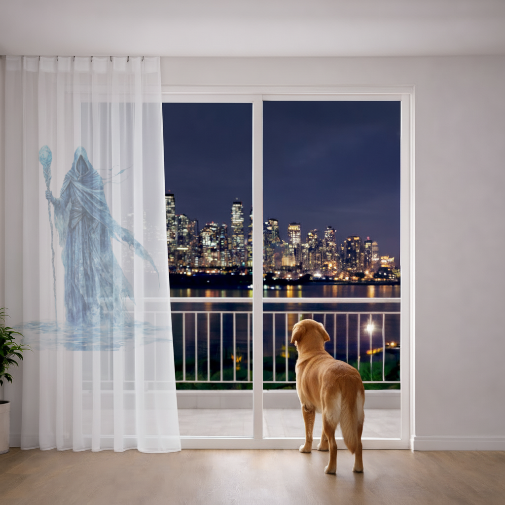 Blue Frost Mage Hooded Wizard Staff Sheer Curtain