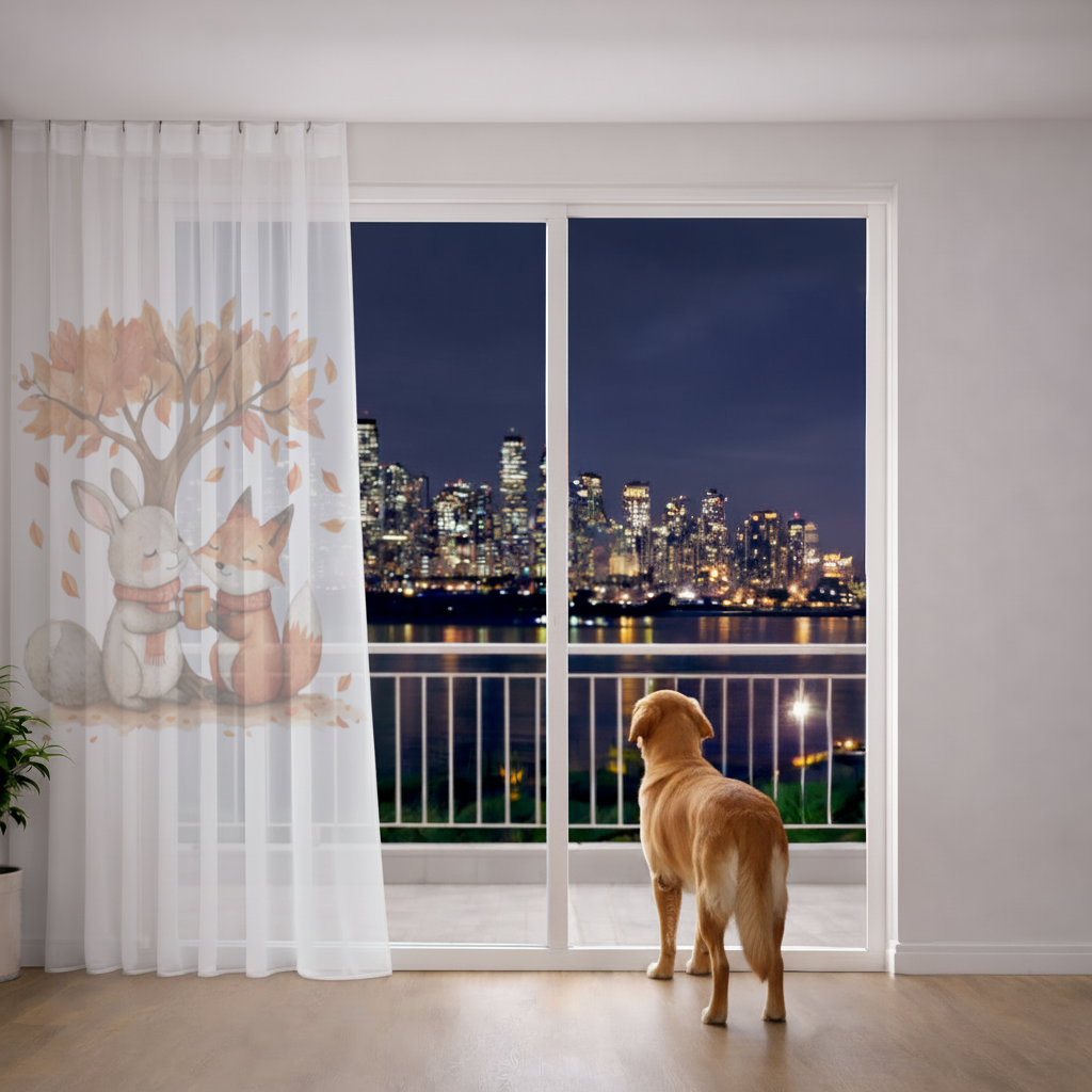 Sıcacık Sonbahar Tavşanı ve Tilkisi Tül Perde