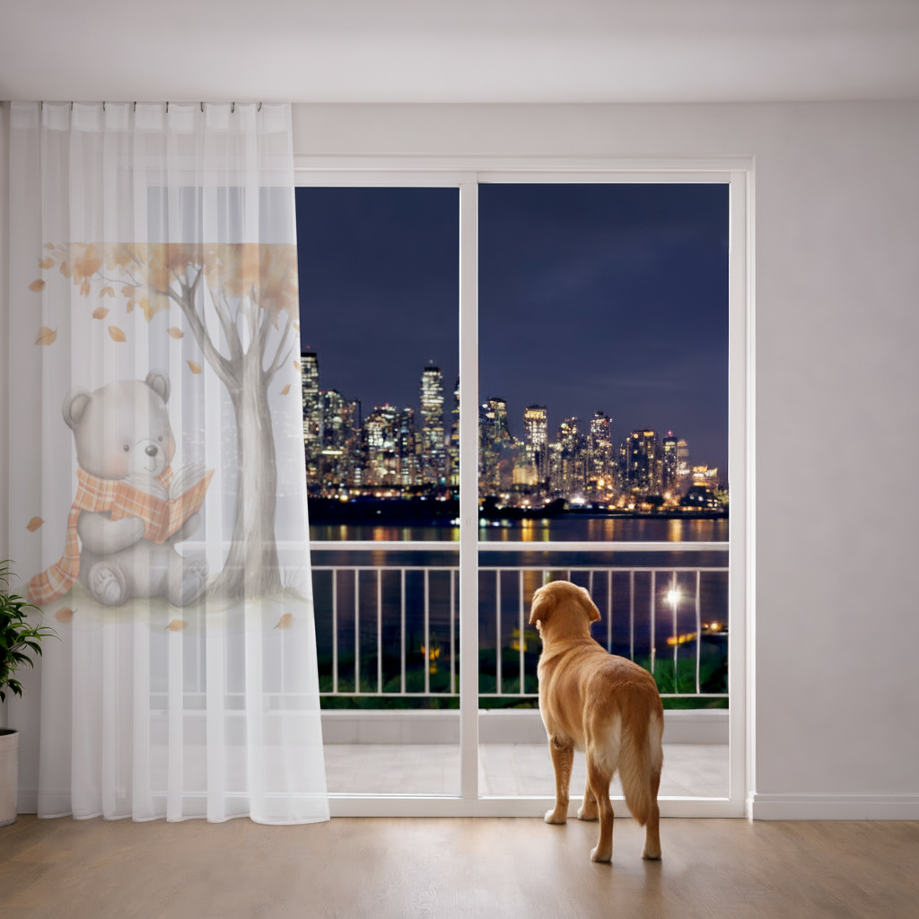 Reading Bear with Orange Scarf Sheer Curtain