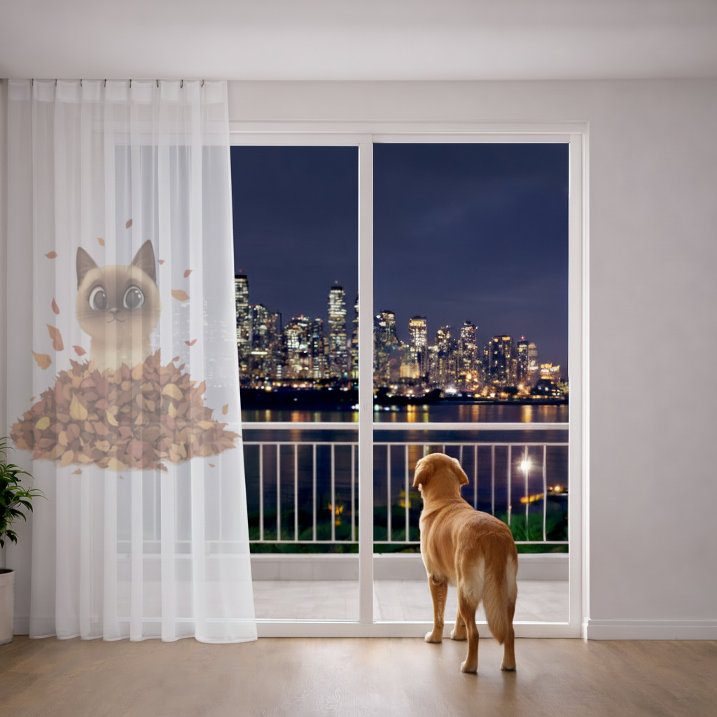 Siamese Cat in Autumn Leaf Pile Sheer Curtain