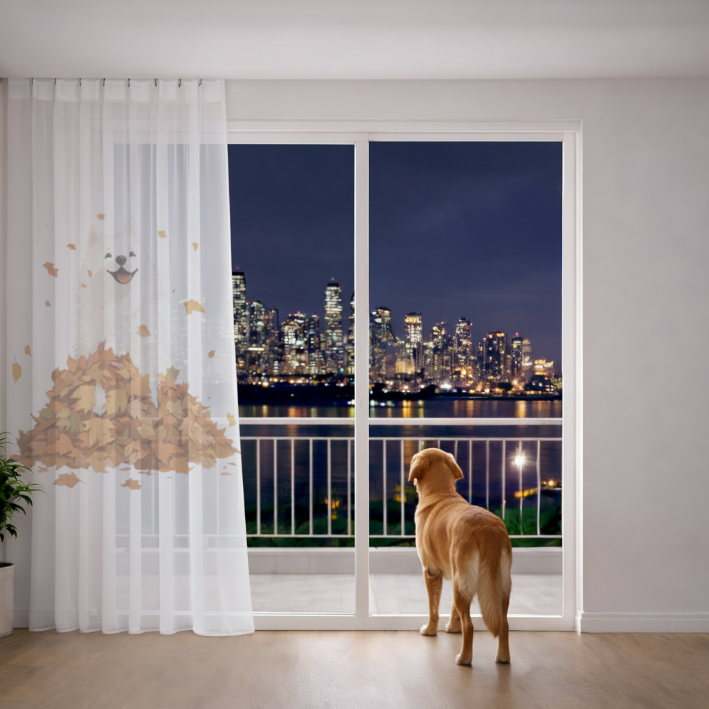 Mutlu Beyaz Köpek ve Sonbahar Yaprakları Tül Perde