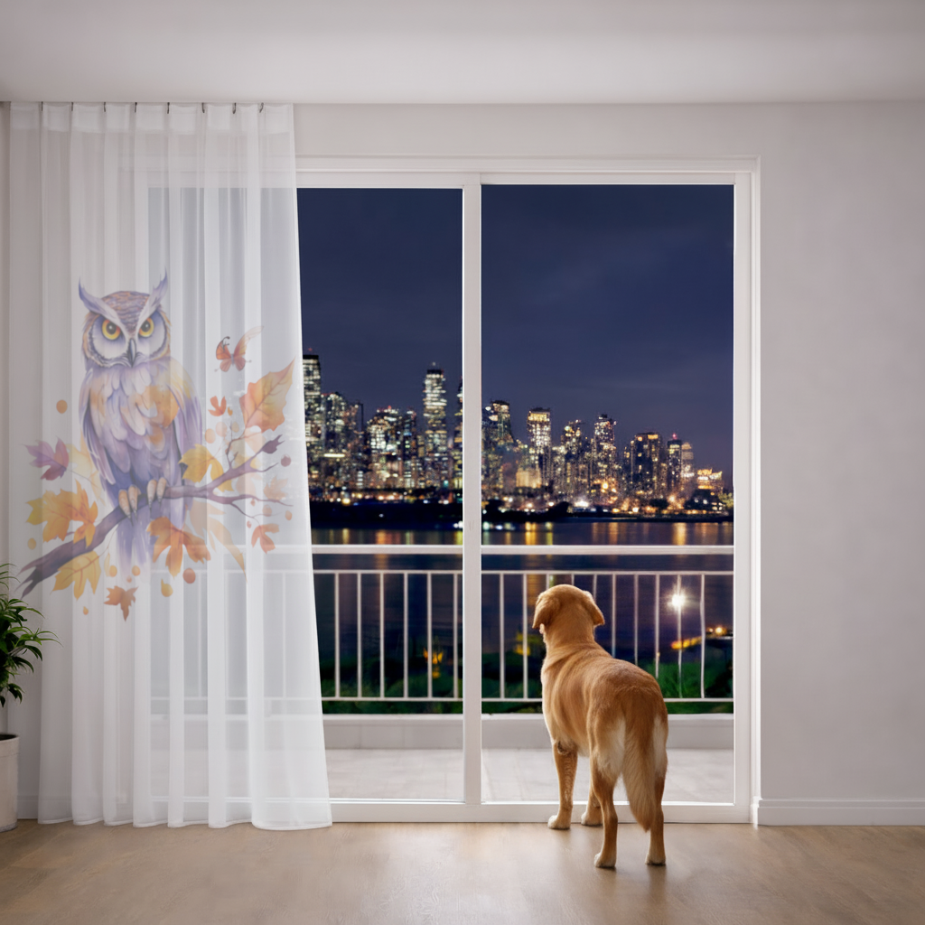 Whimsical Autumn Owl and Butterfly Sheer Curtain