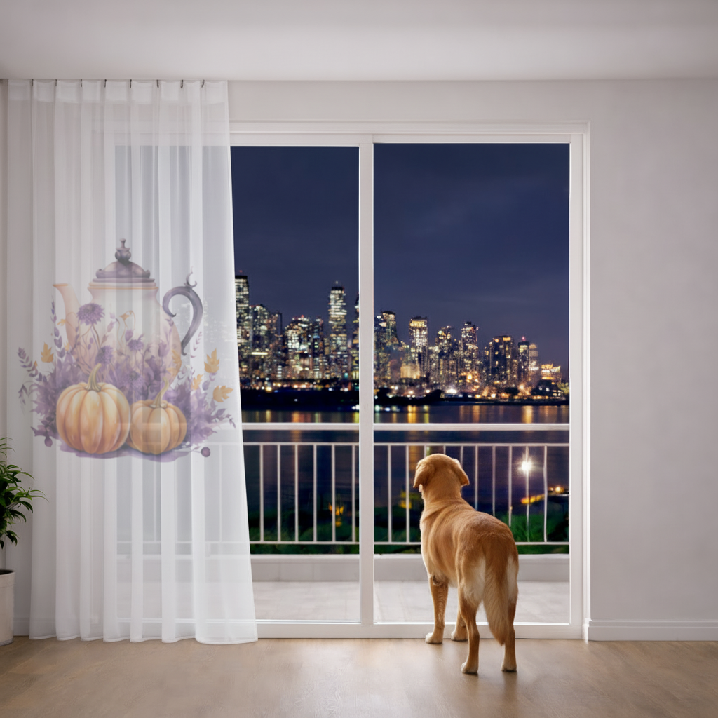 Vintage Purple Floral Pumpkin Teapot Sheer Curtain