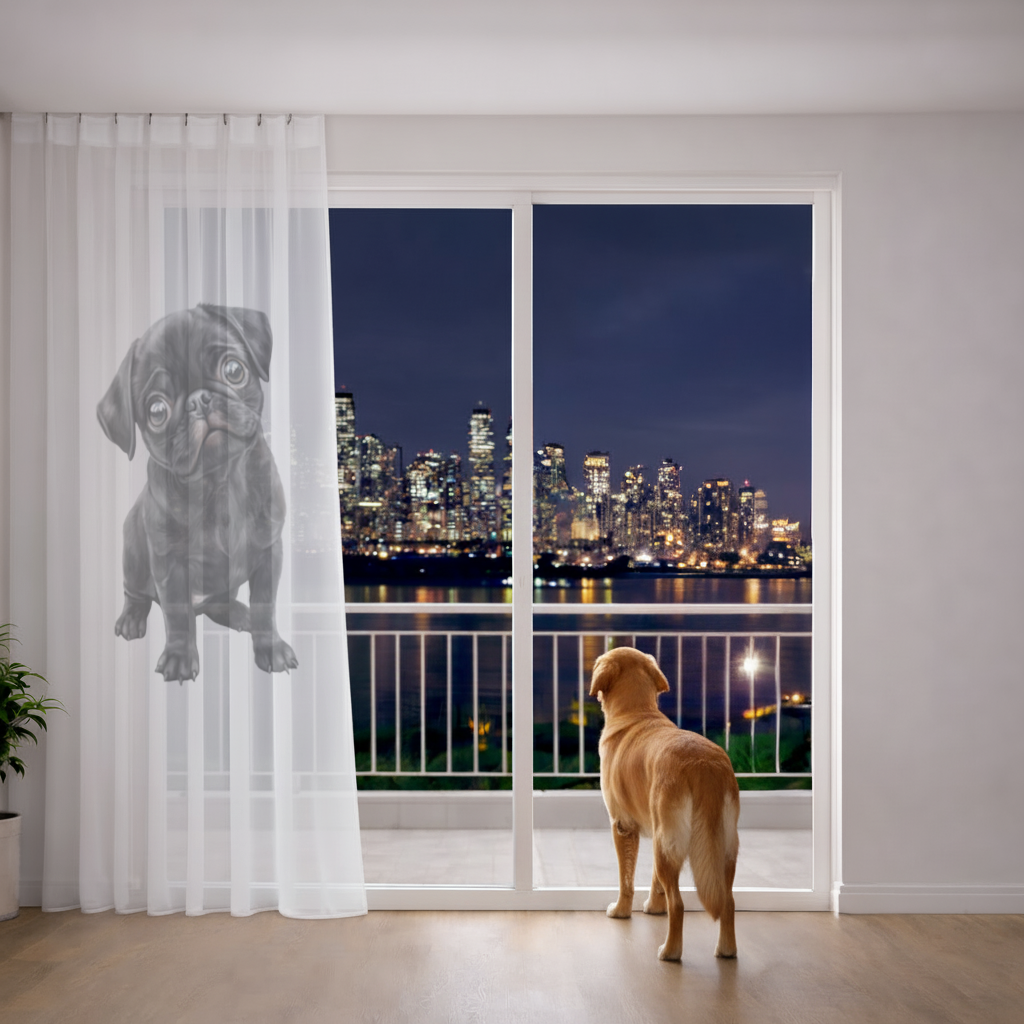 Innocent Black Pug Puppy Sheer Curtain