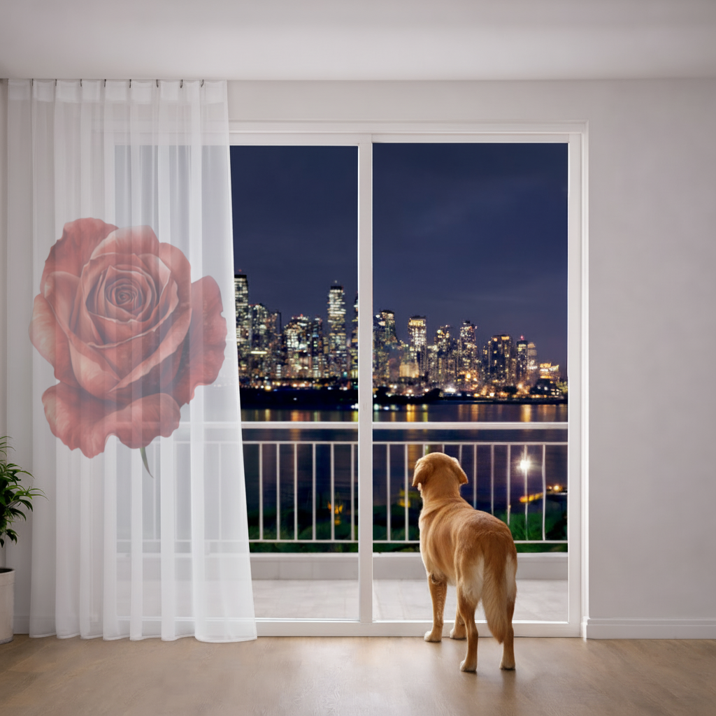 Crimson Red Rose Sheer Curtain