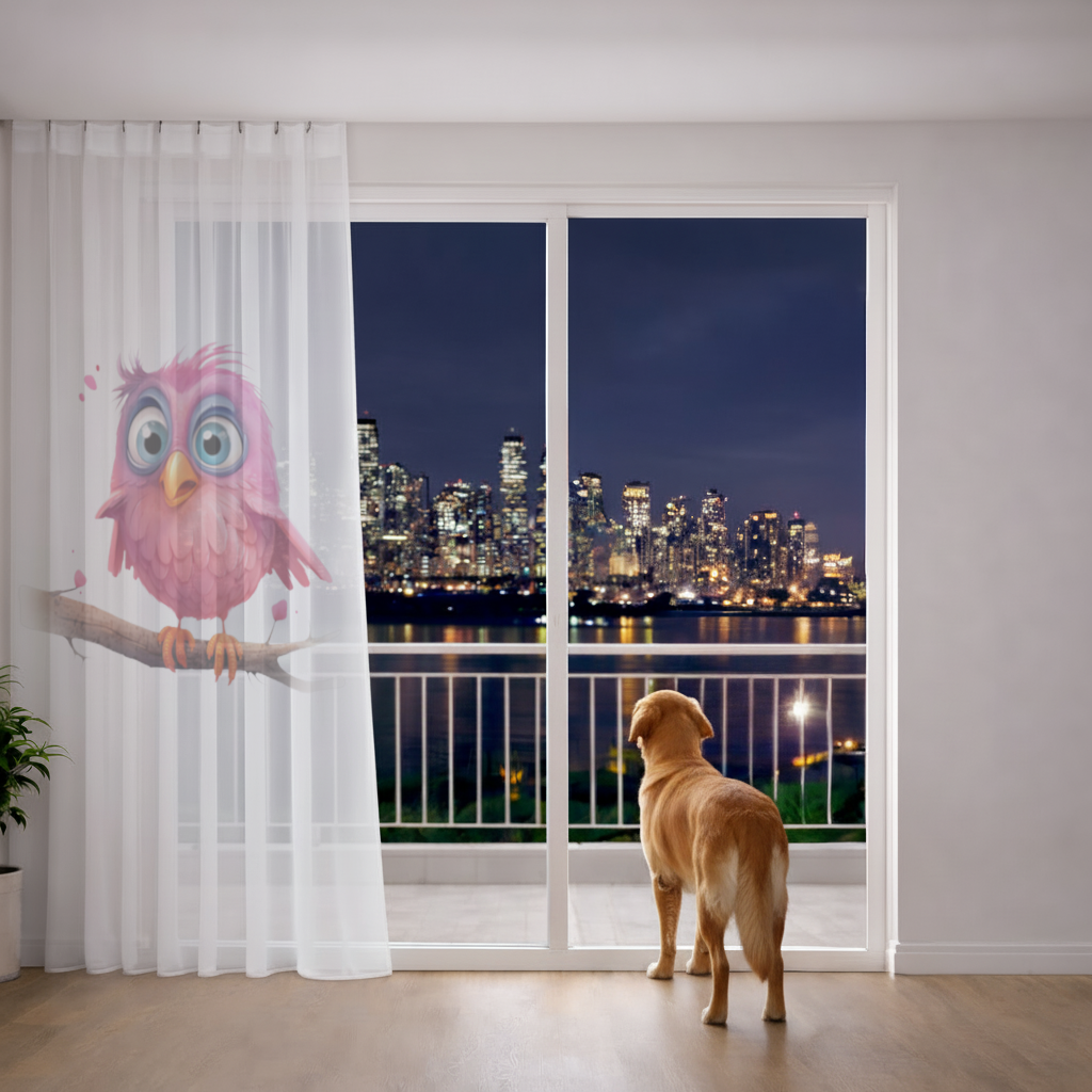 Cute Pink Bird with Large Blue Eyes Sheer Curtain