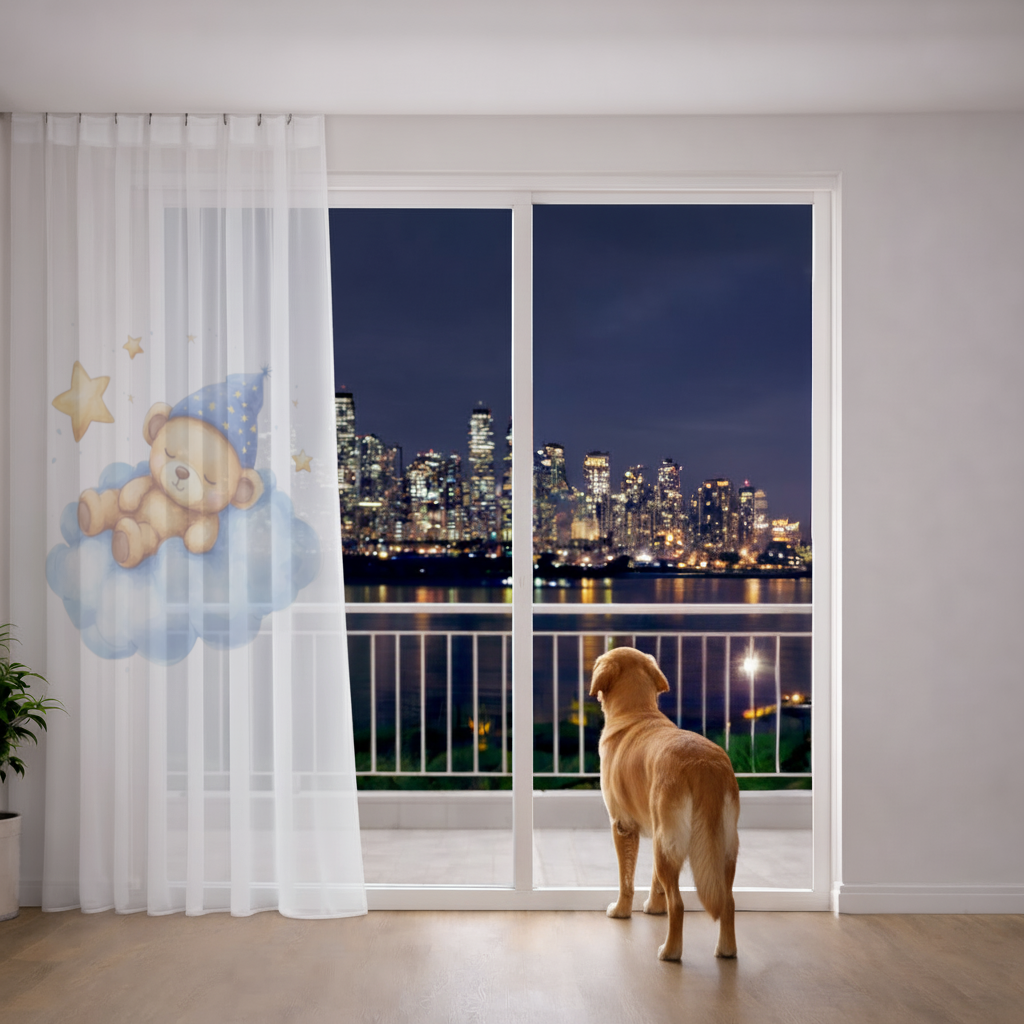 Sleeping Teddy Bear on a Cloud Sheer Curtain