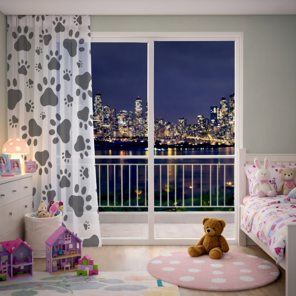 Black and White Paw Pattern Design Sheer Curtain