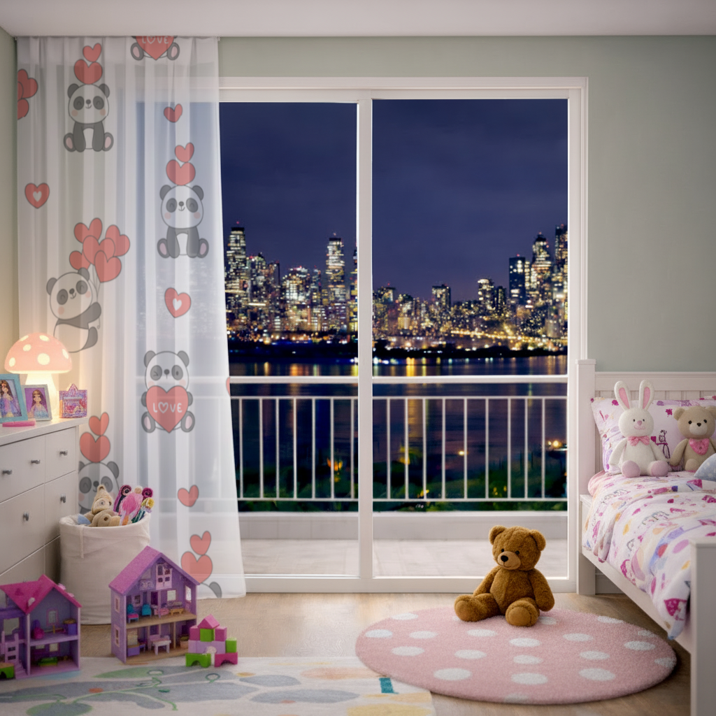 Cute Panda Valentines Day Love Heart Pattern Design Sheer Curtain