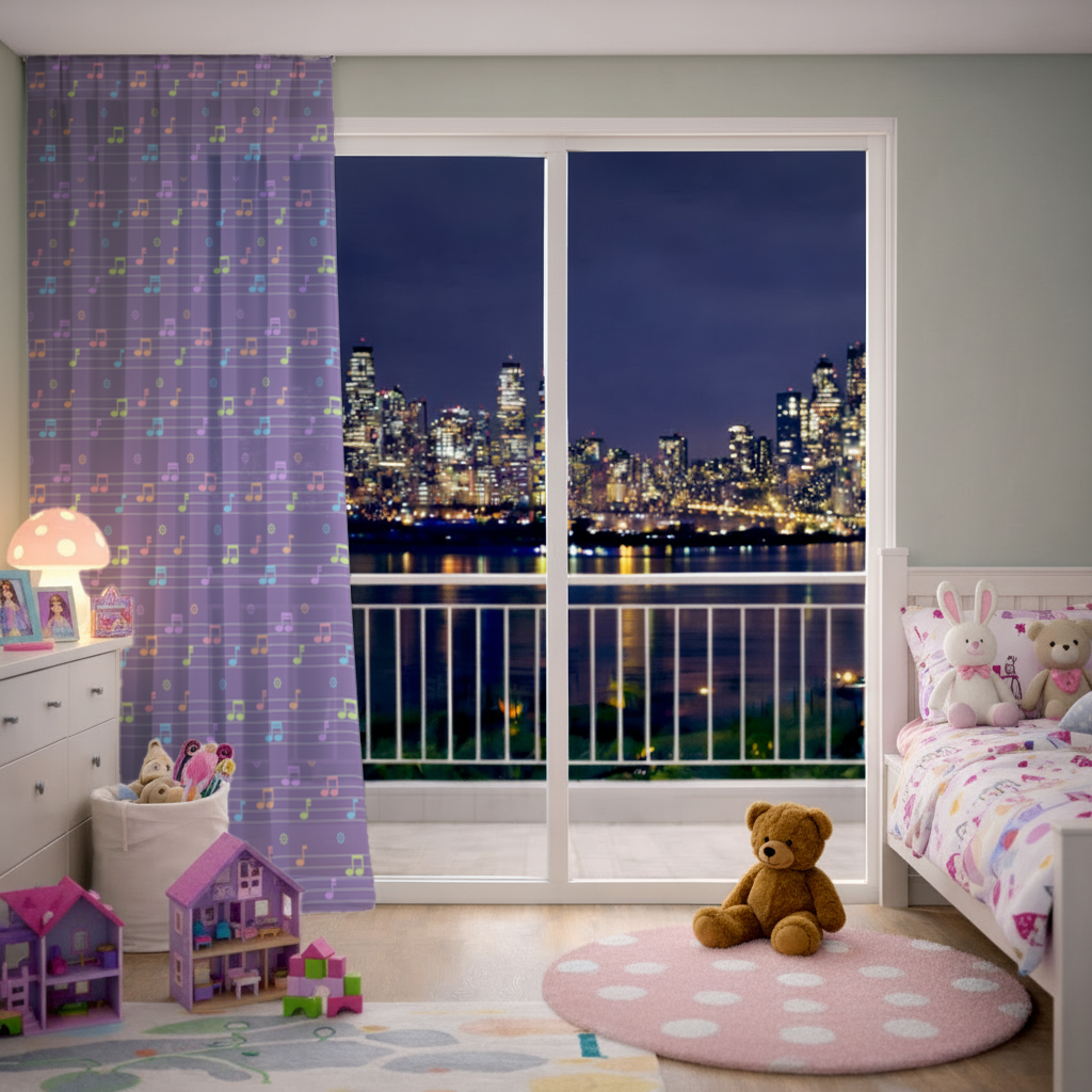 Renkli Müzik Notaları ve Modern Geometrik Desen Tül Perde