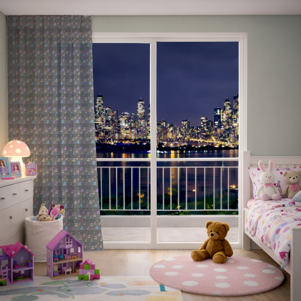 Neon Renkli Müzik Notaları ve Ritim Desenli Modern Tasarım Tül Perde